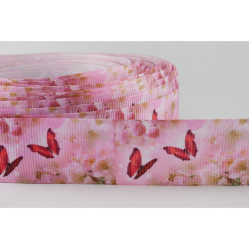 Ripsband 25 mm Schmetterlinge auf Rosa